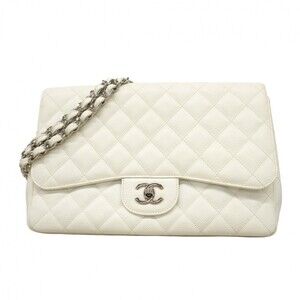 Chanel Shoulder Bag, Large Matelasse, Double Chain, Caviar Skin, White, Women's